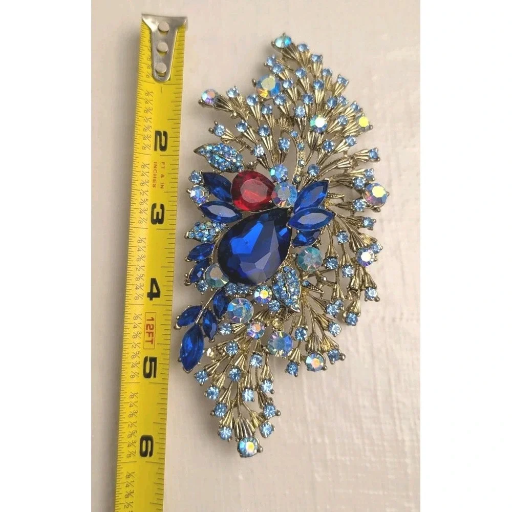 Large Peacock Brooch Pin Blue Red AB Rhinestones Gold Tone Statement 6